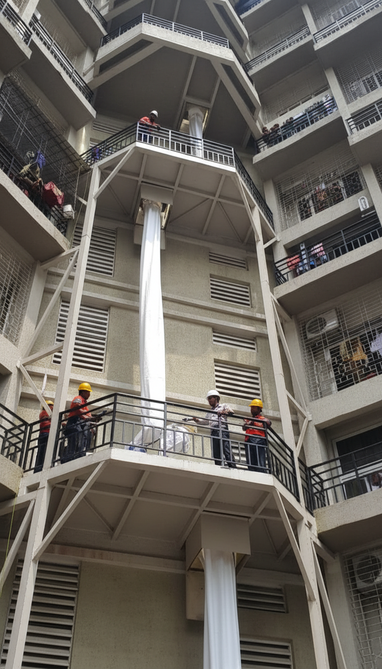 Multi-entry high rise fire escape chute system deployed across multiple floors of a skyscraper.